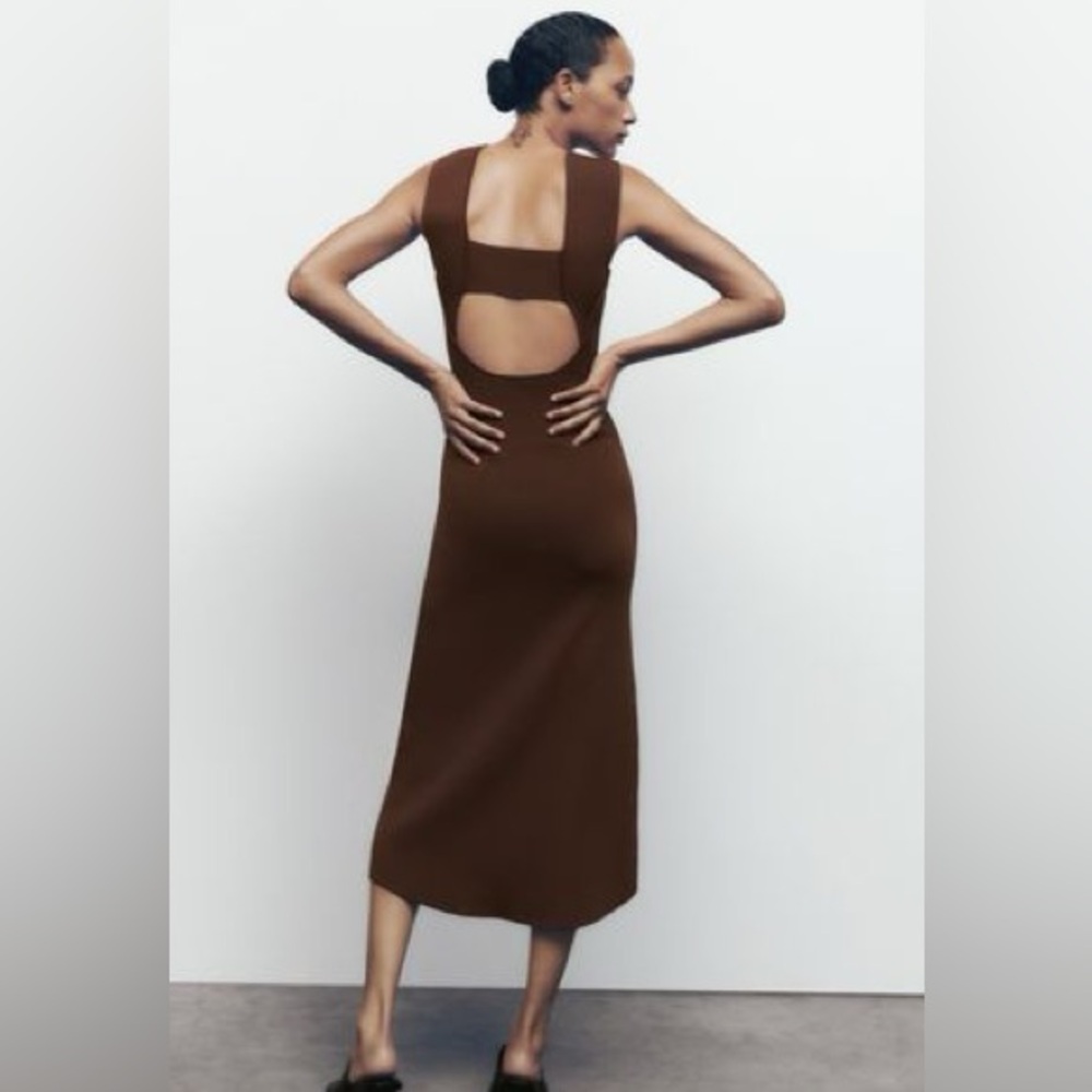 Zara Brown Knit Open Back Midi Dress